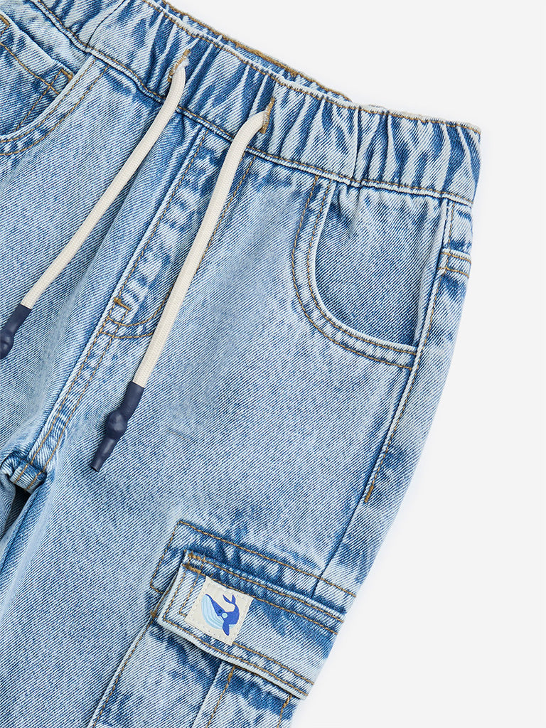 Westside HOP Kids Light Blue Cargo-Style Relaxed-Fit Mid-Rise Jeans for Casual Wear Zoomed View
