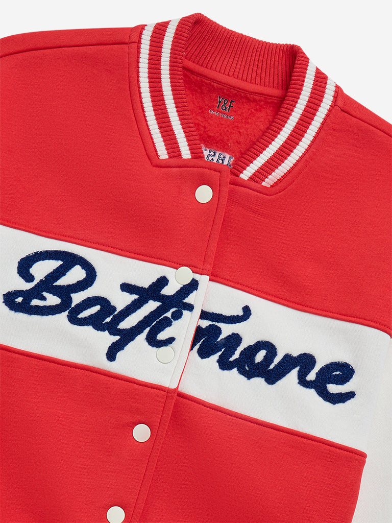 Westside Y&F Girl's Red Text Embroidery Cotton-Blend Varsity Jacket for Casual Wear Zoomed View