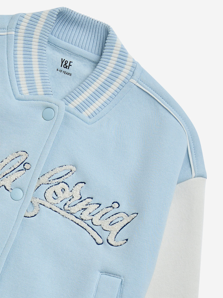 Y&F Kids Light Blue Text Embroidery Cotton-Blend Varsity Jacket