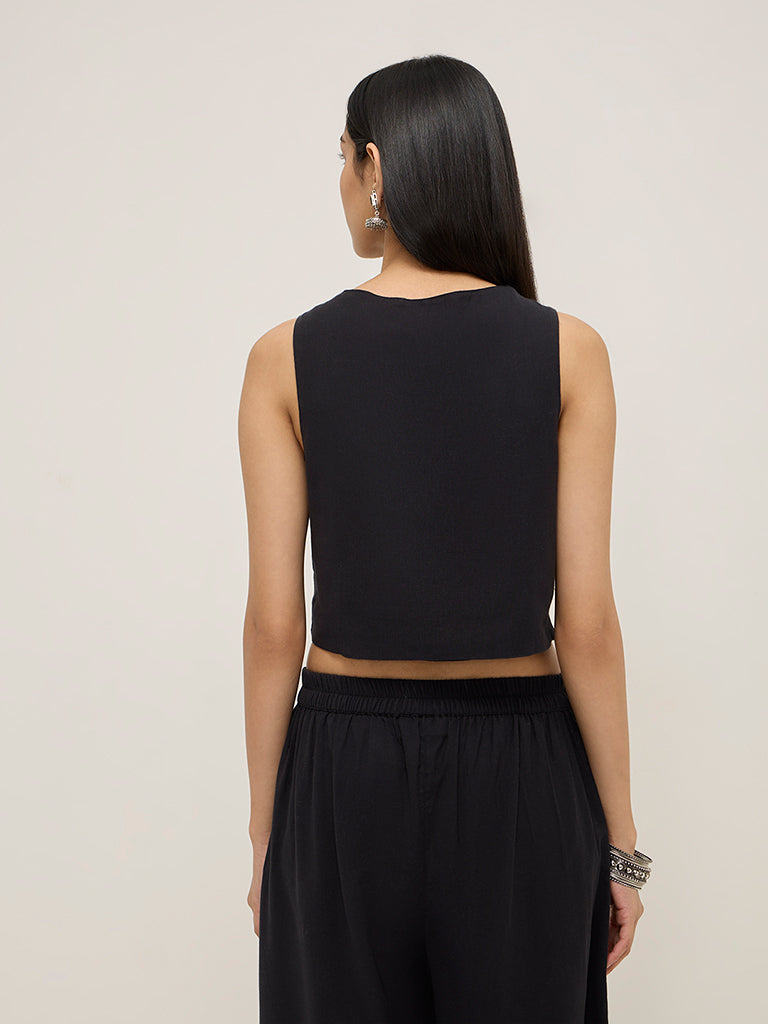Utsa Black Floral Embroidered Waistcoat-Style Cotton-Blend Top