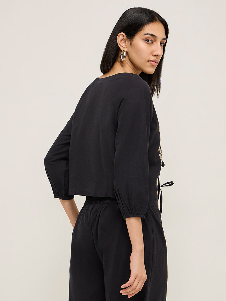 Westside Utsa Women's Black Floral Embroidered Cotton Ethnic Top for Work Wear Back View