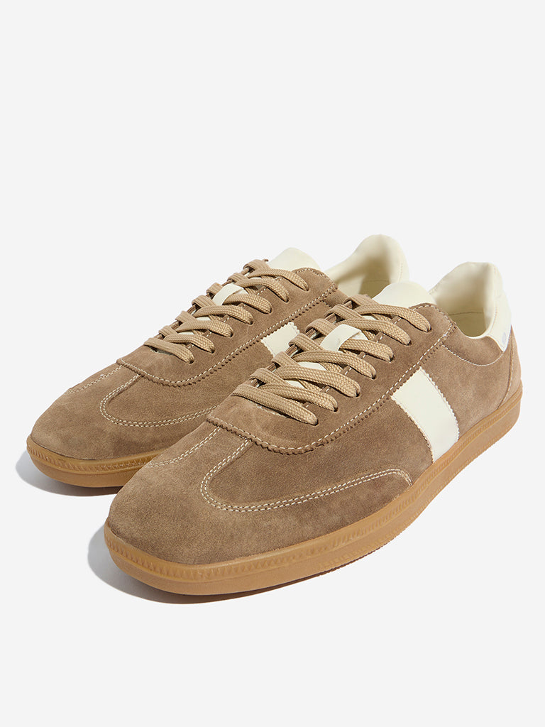 Westside SOLEPLAY Men's Dark Beige Suede Leather Lace-Up Sneakers for Casual Wear Zoomed View