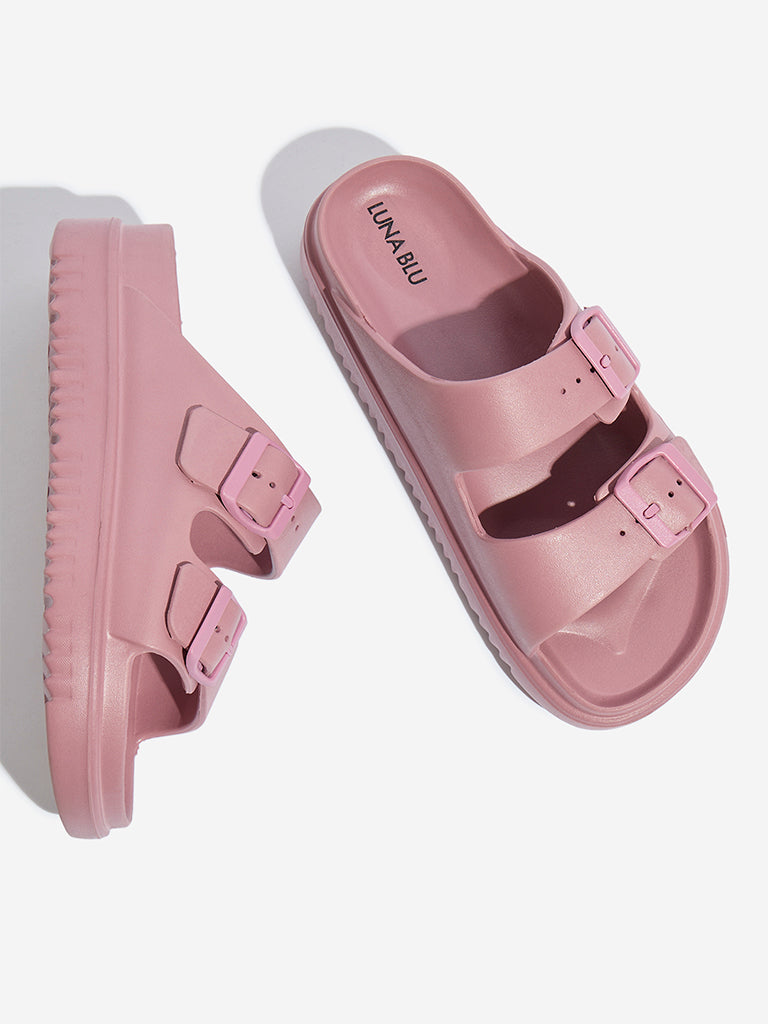 Westside LUNA BLU Women's Pink Double Band Slip-On Sandals for Casual Wear Zoomed View