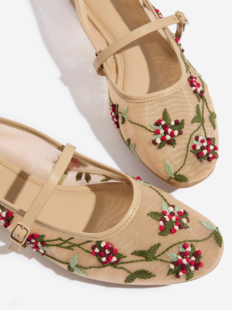 Westside LUNA BLU Women's Beige Floral Embroidered Mary Jane Shoes for Festival Wear Zoomed View