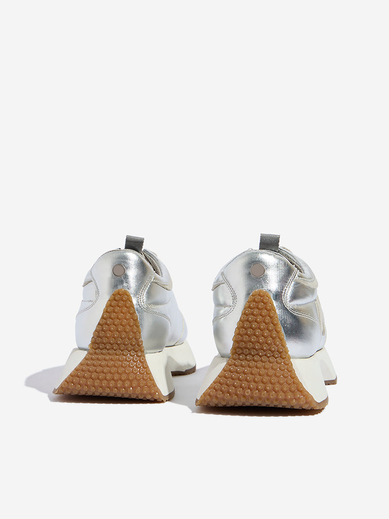 Westside LUNA BLU Women's Silver Glossy Lace-Up Sneakers for Casual Wear Zoomed View