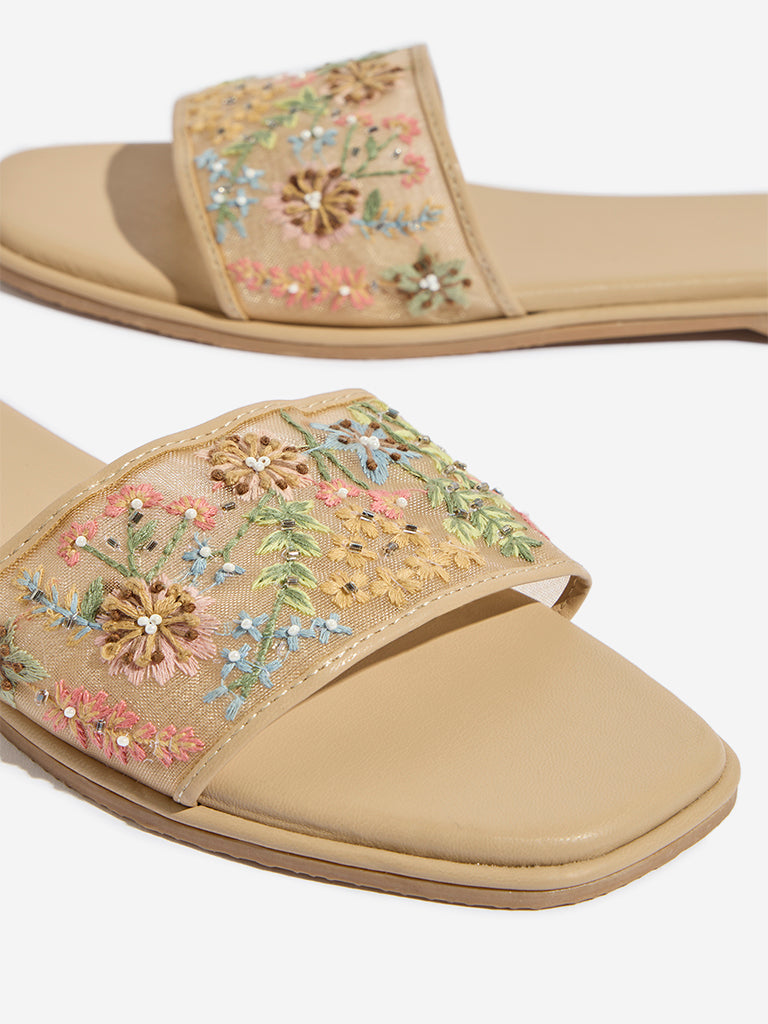 Westside LUNA BLU Women's Beige Floral Embellished Mesh Slides for Festival Wear Zoomed View