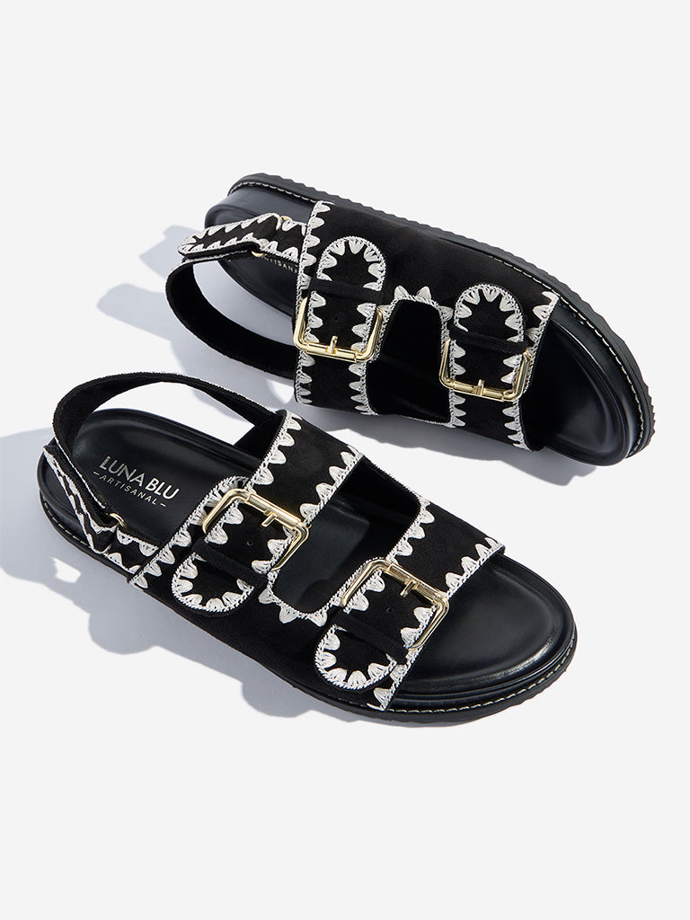 Westside LUNA BLU Women's Black Contrast Stitching Slip-On Sandals for Festival Wear Zoomed View
