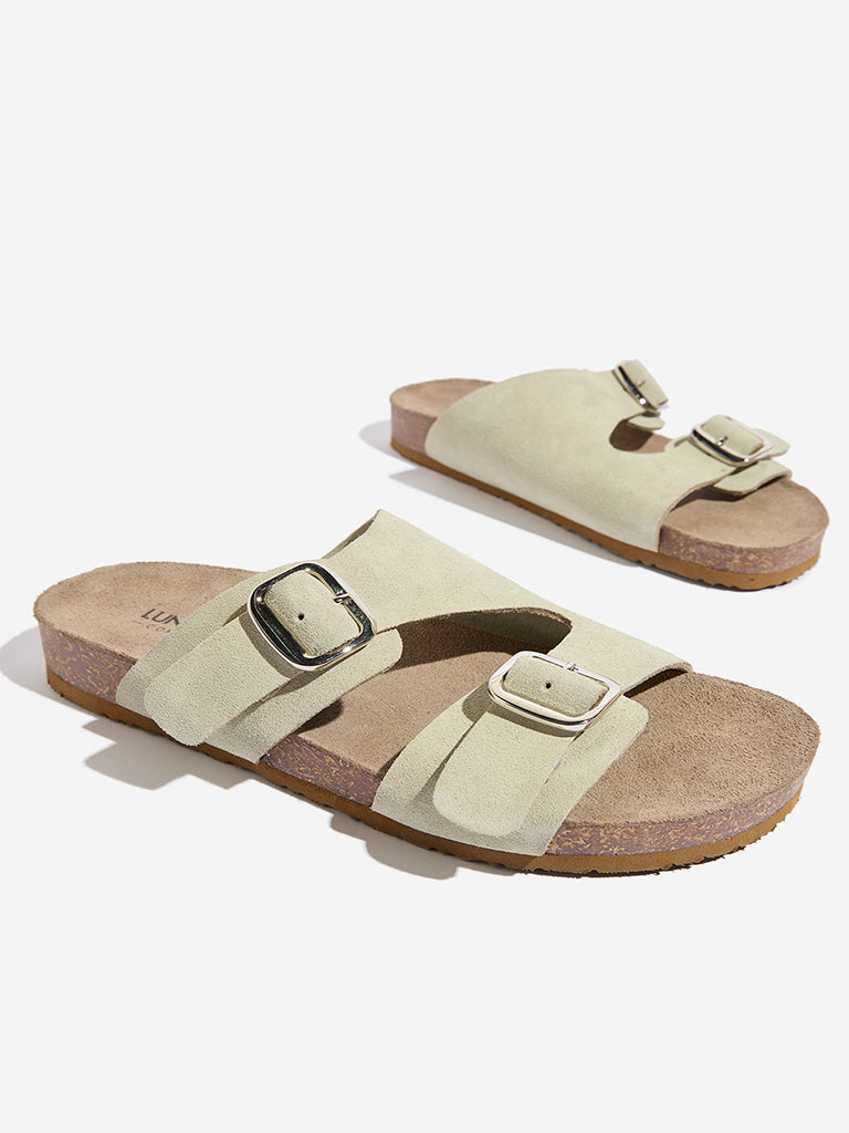 Westside LUNA BLU Women's Light Green Double Belted Comfort Sandals for Casual Wear Zoomed View