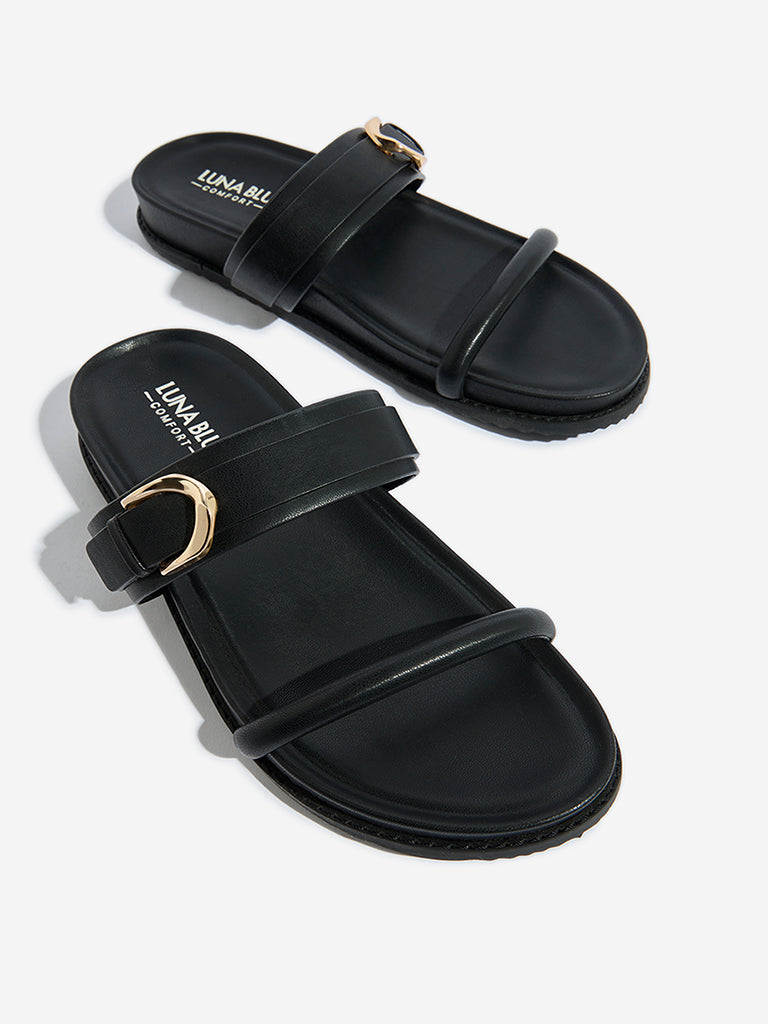 Westside LUNA BLU Women's Black Buckle-Detailed Comfort Slides Zoomed View