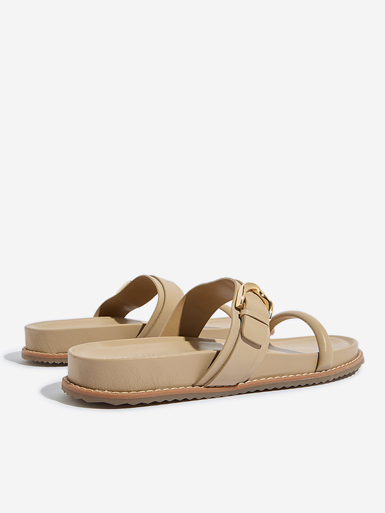 Westside LUNA BLU Women's Beige Buckle-Detailed Comfort Slides Back View