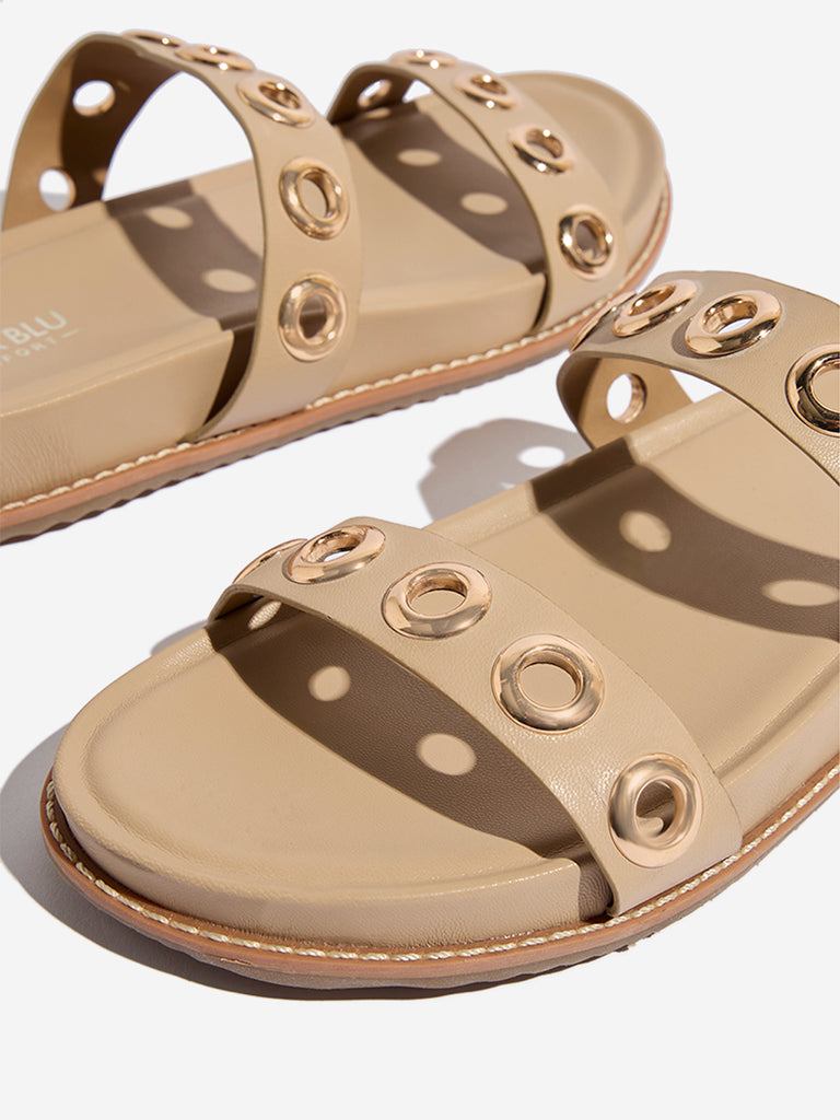 Westside LUNA BLU Women's Beige Eyelet-Detailed Comfort Sandals Zoomed View