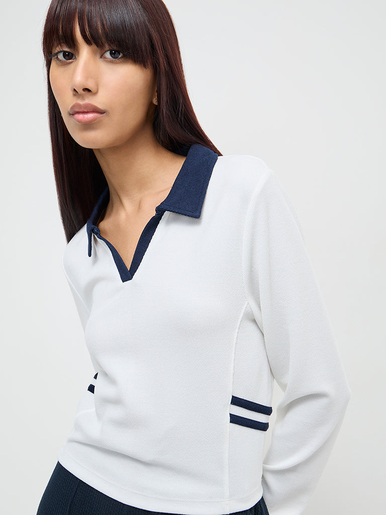 Studiofit White Ribbed Collared T-Shirt