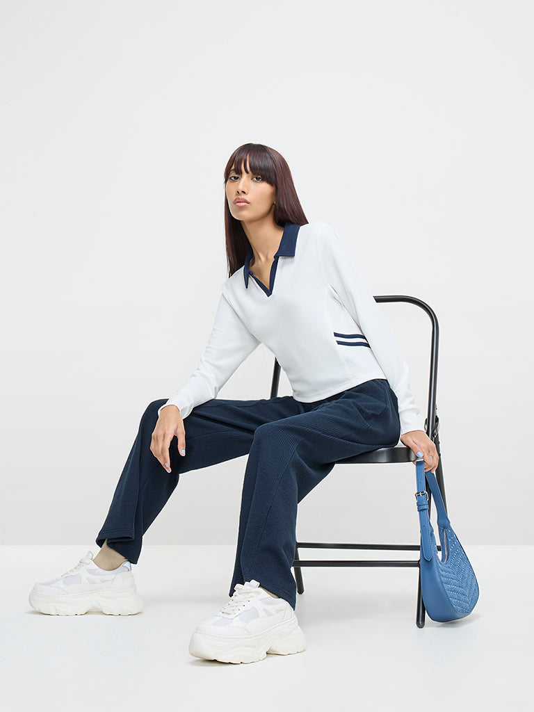 Studiofit White Ribbed Collared T-Shirt