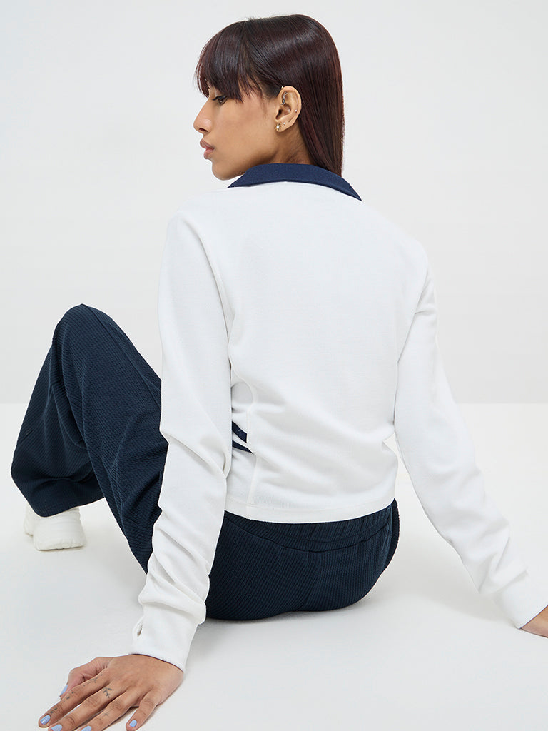 Studiofit White Ribbed Collared T-Shirt