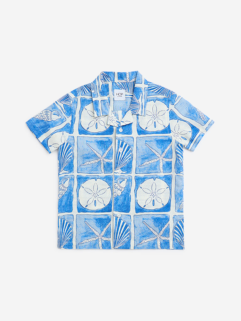 HOP Kids Blue Checkered Printed Resort-Fit Shirt