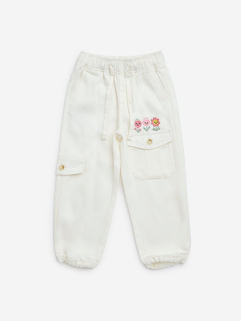 HOP Kids White Floral Embroidered High-Rise Joggers