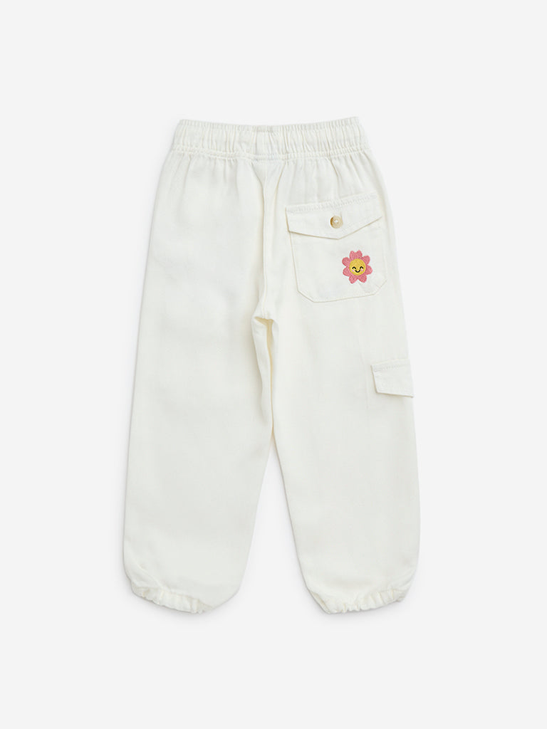 HOP Kids White Floral Embroidered High-Rise Joggers
