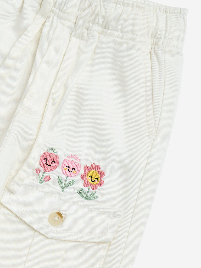 HOP Kids White Floral Embroidered High-Rise Joggers