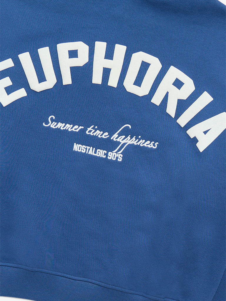 Westside Y&F Girl's Indigo Text Design Cotton-Blend Hoodie for Winter Wear Zoomed View