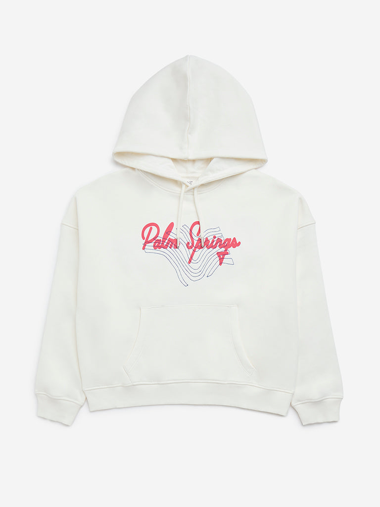 Westside Y&F Girl's White Text Design Cotton-Blend Hoodie for Winter Wear Front View