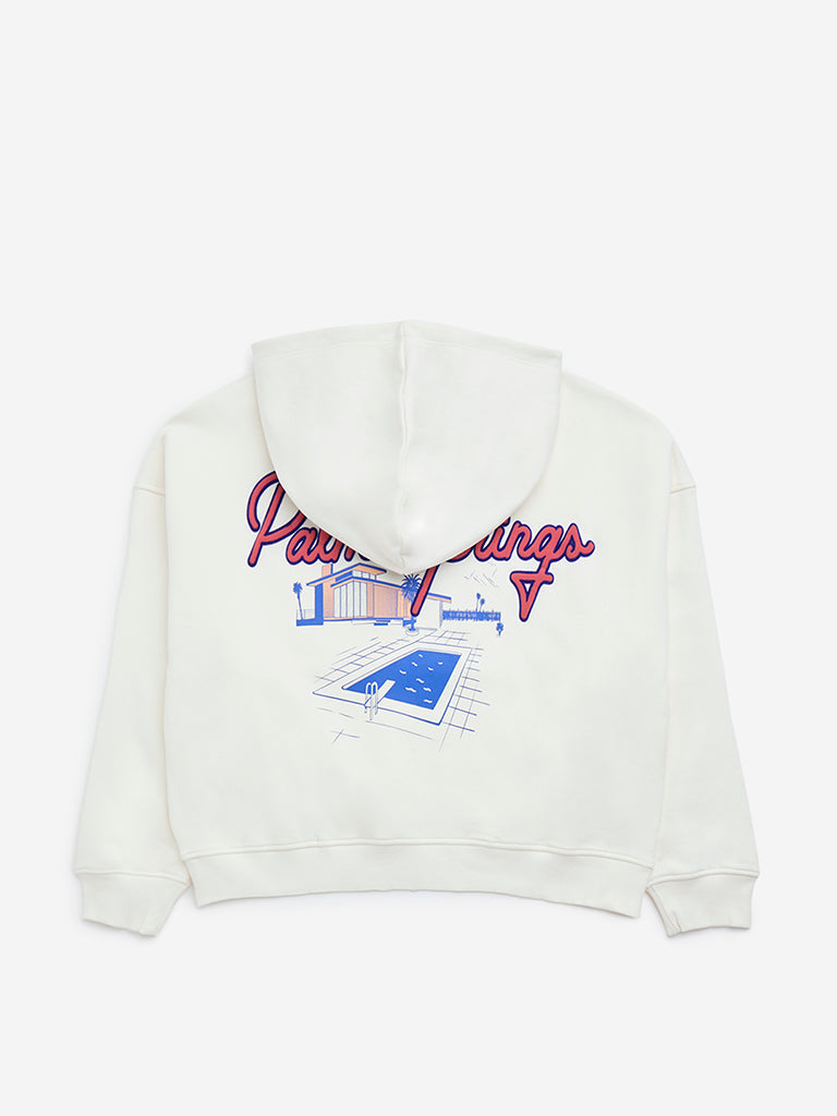 Westside Y&F Girl's White Text Design Cotton-Blend Hoodie for Winter Wear Back View
