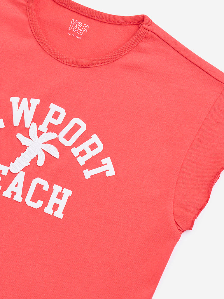 Westside Y&F Girl's Red Text Printed Cotton T-Shirt for Casual Wear Zoomed View