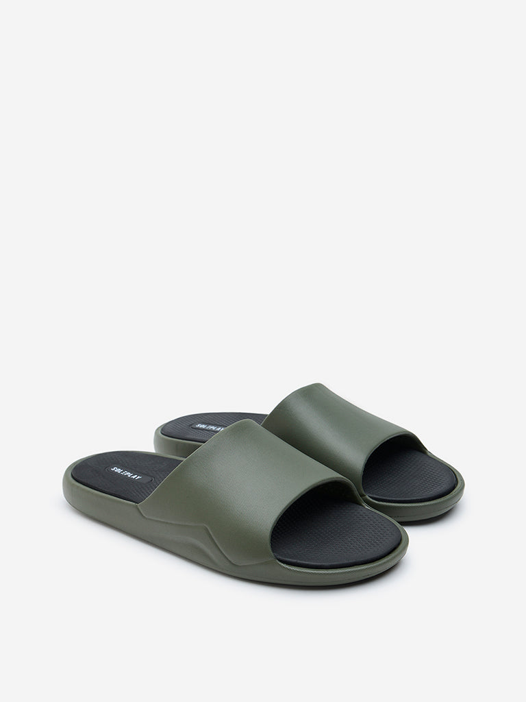 Westside SOLEPLAY Men's Olive Solid Slides for Casual Wear Front View