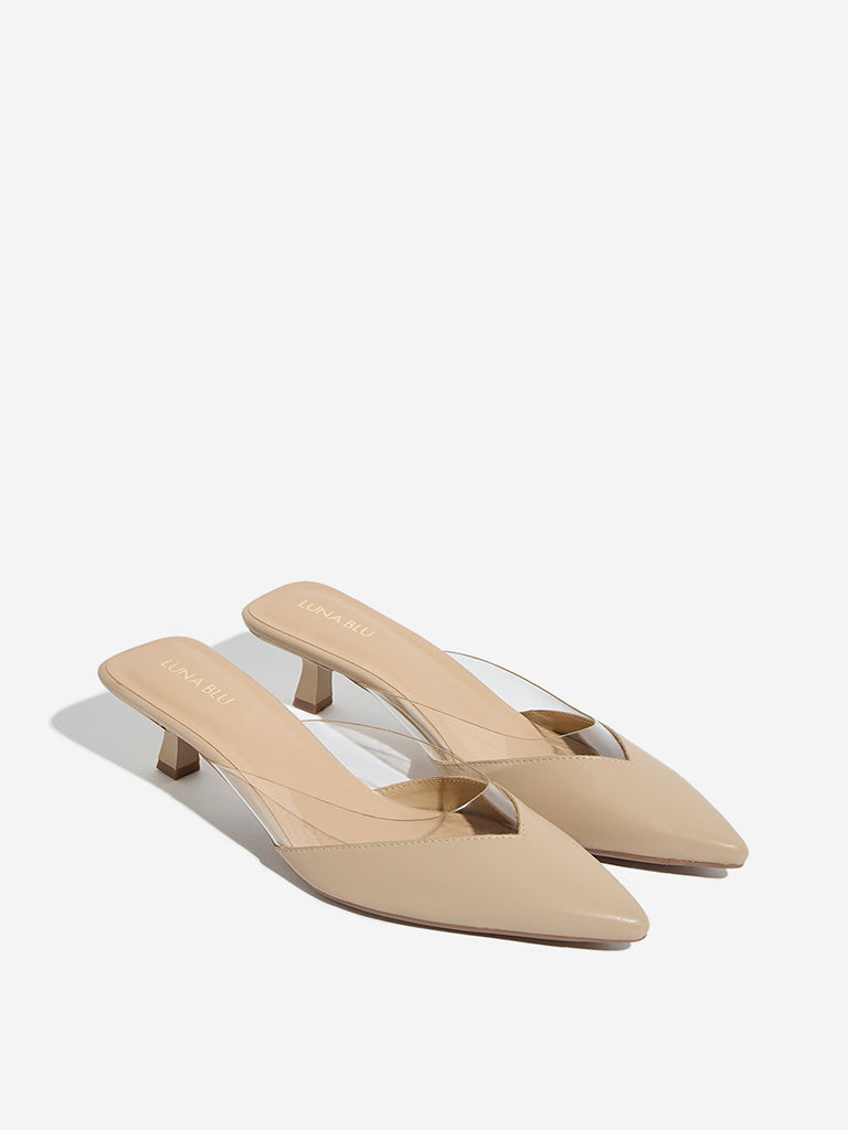 Westside LUNA BLU Women's Beige Vinyl Strap Mule Shoes Front View