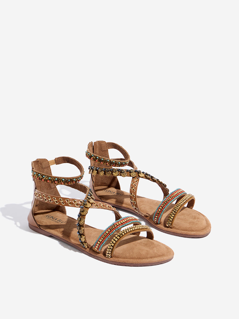 Westside LUNA BLU Women's Tan Beaded Gladiator Sandals Front View
