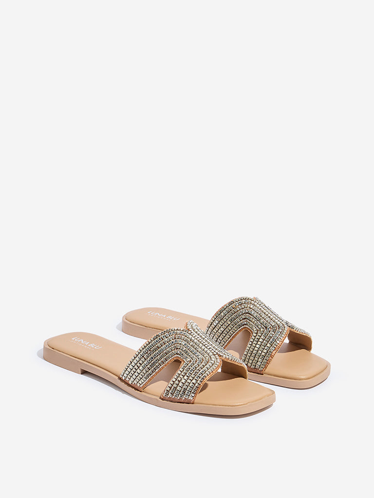 LUNA BLU Silver Cut-Out Detailed Beaded Slides
