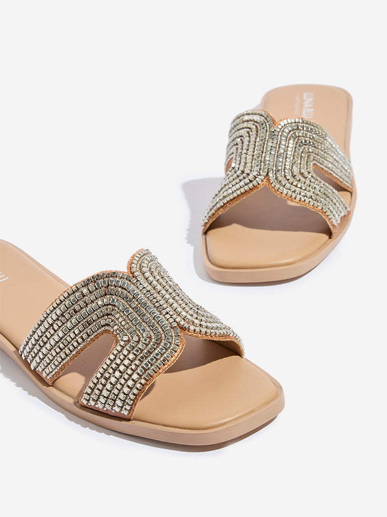 Westside LUNA BLU Women's Silver Cut-Out Detailed Beaded Slides for Festival Wear Zoomed View