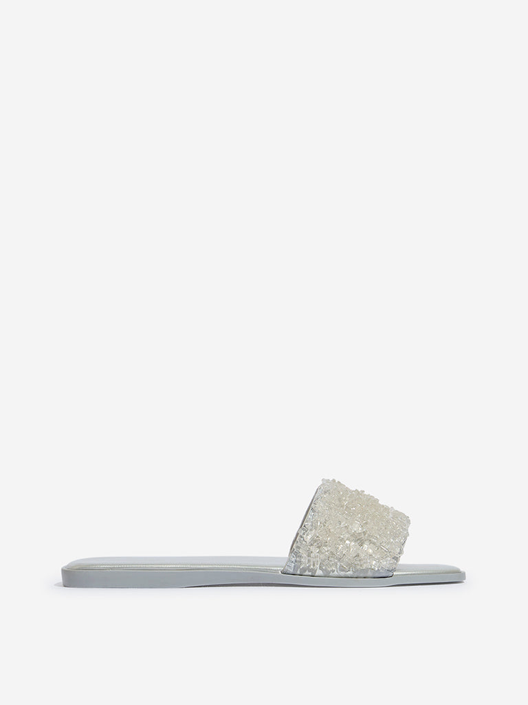 LUNA BLU Silver Crystal Embellished Slides