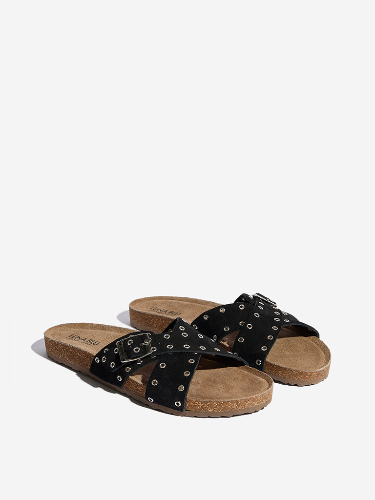 Westside LUNA BLU Women's Black Eyelet Cross Strap Comfort Slides for Casual Wear Front View