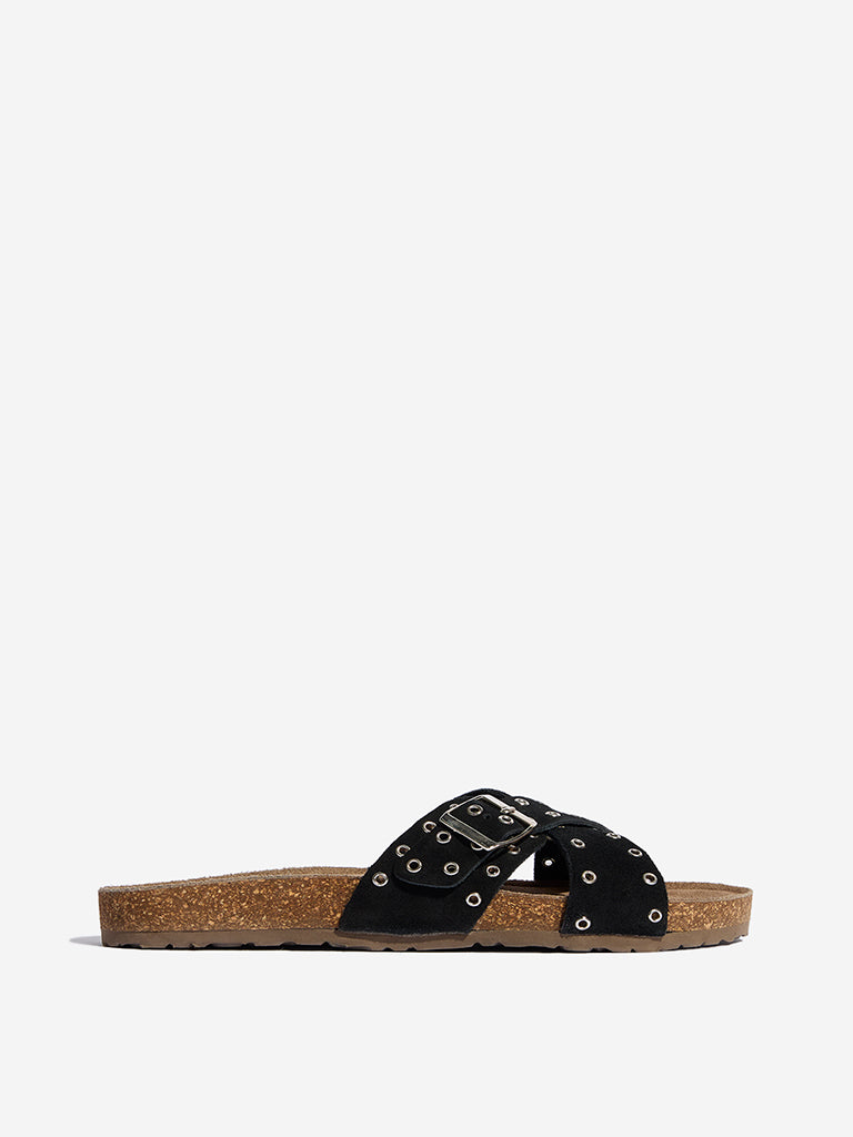 Westside LUNA BLU Women's Black Eyelet Cross Strap Comfort Slides for Casual Wear Side View