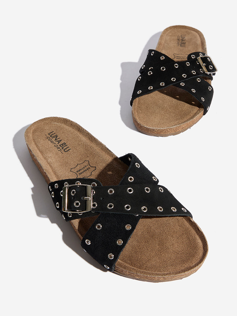 Westside LUNA BLU Women's Black Eyelet Cross Strap Comfort Slides for Casual Wear Zoomed View