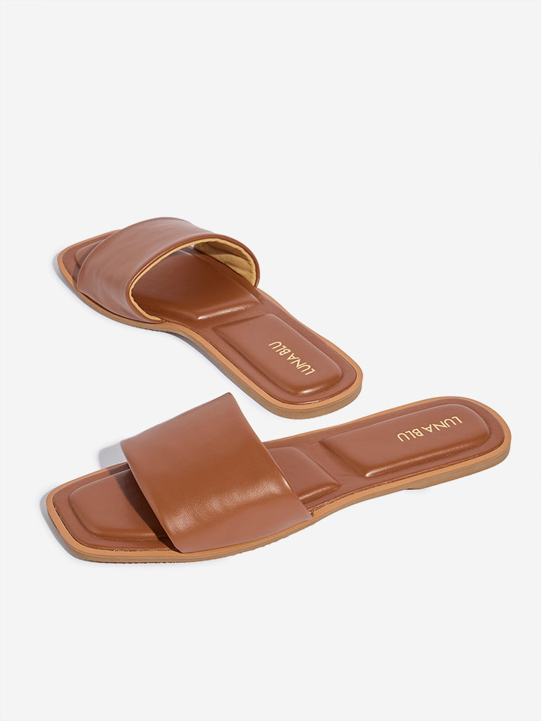 Westside LUNA BLU Women's Tan Slip-On Slides for Casual Wear Zoomed View