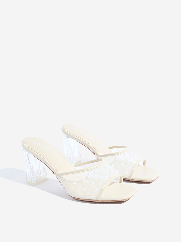 LUNA BLU Ivory Pearlescent Block Heel Sandals