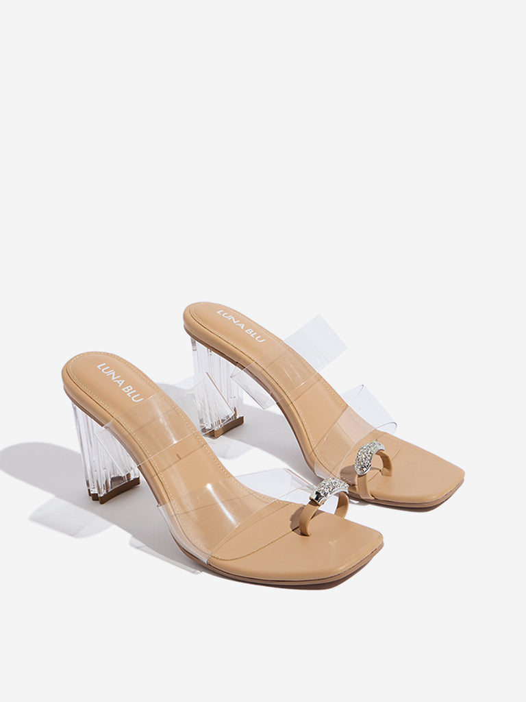 Westside LUNA BLU Women's Beige Toe-Ring Vinyl Heel Sandals Front View