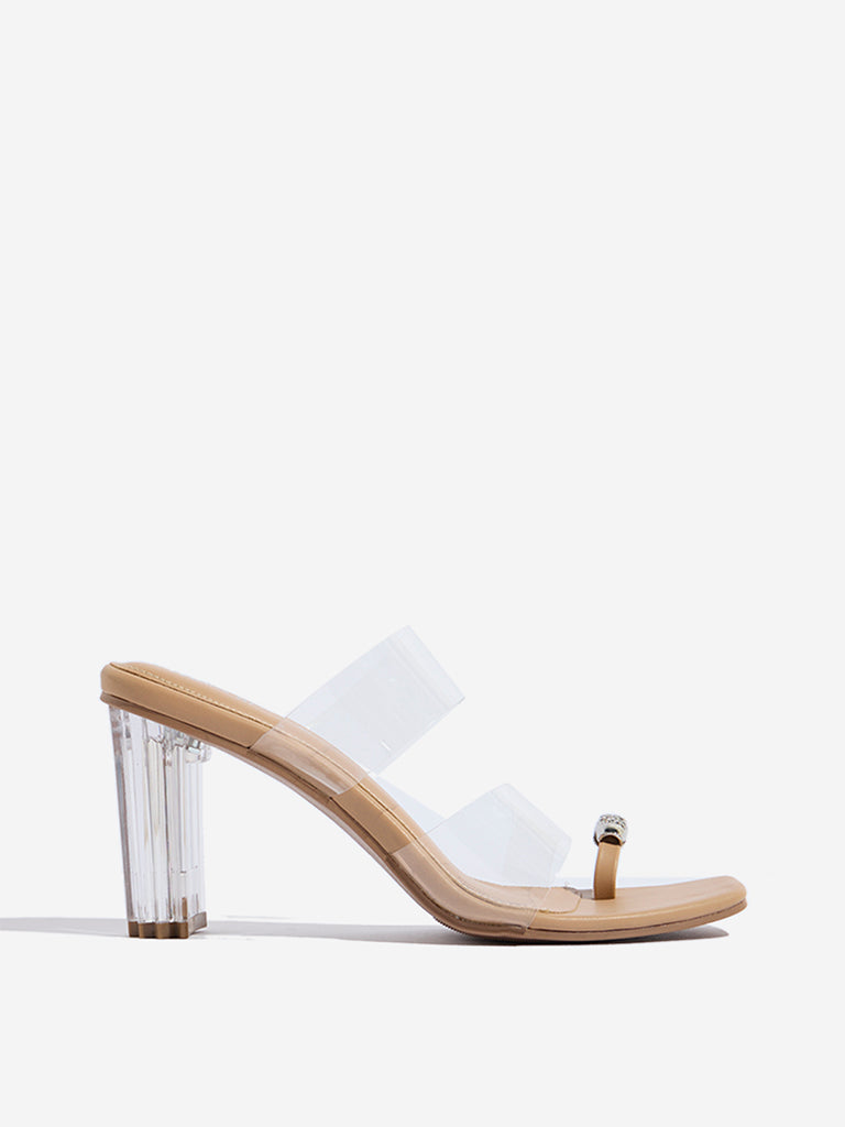 Westside LUNA BLU Women's Beige Toe-Ring Vinyl Heel Sandals Side View