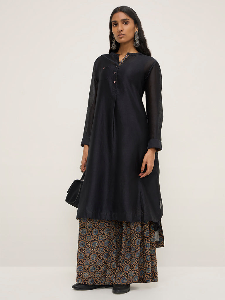 Zuba Black Printed High-Low Cotton-Blend Kurta with Inner