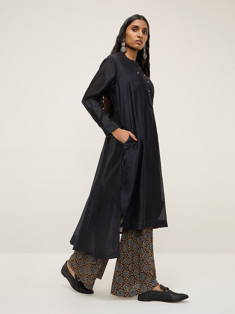 Zuba Black Printed High-Low Cotton-Blend Kurta with Inner