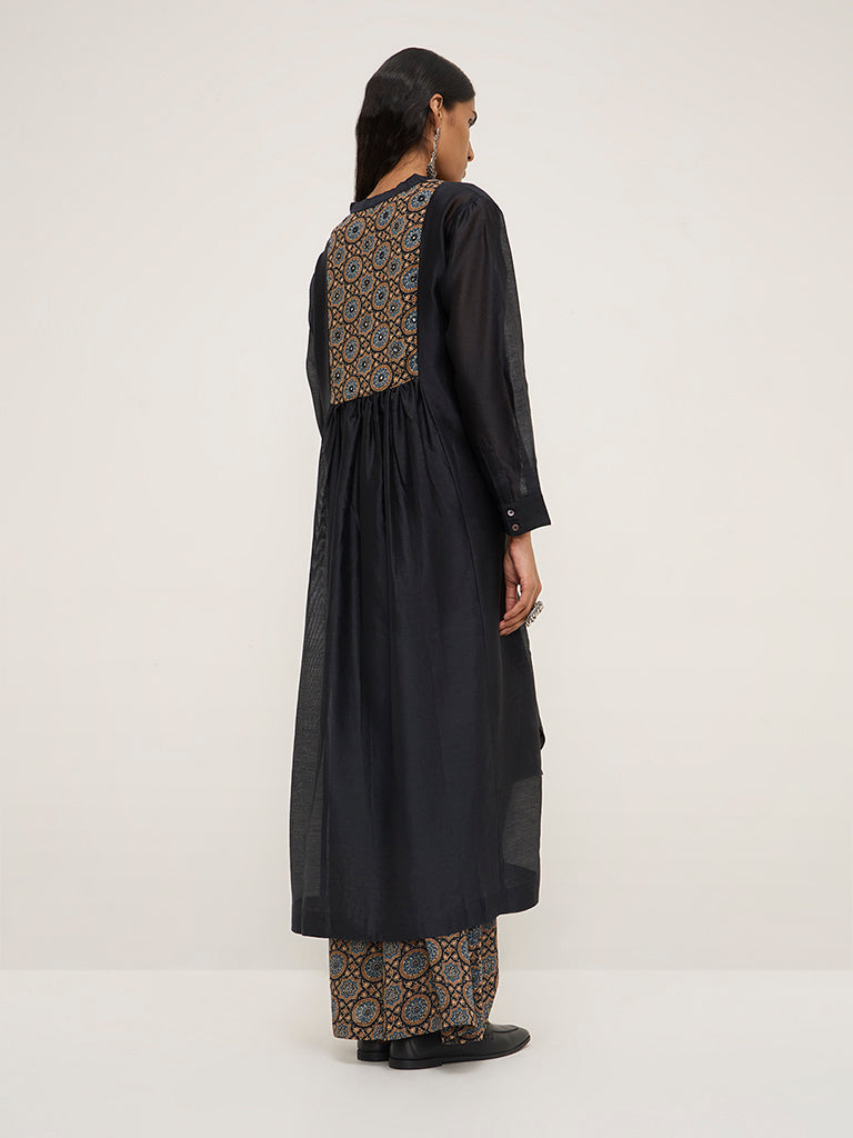 Zuba Black Printed High-Low Cotton-Blend Kurta with Inner