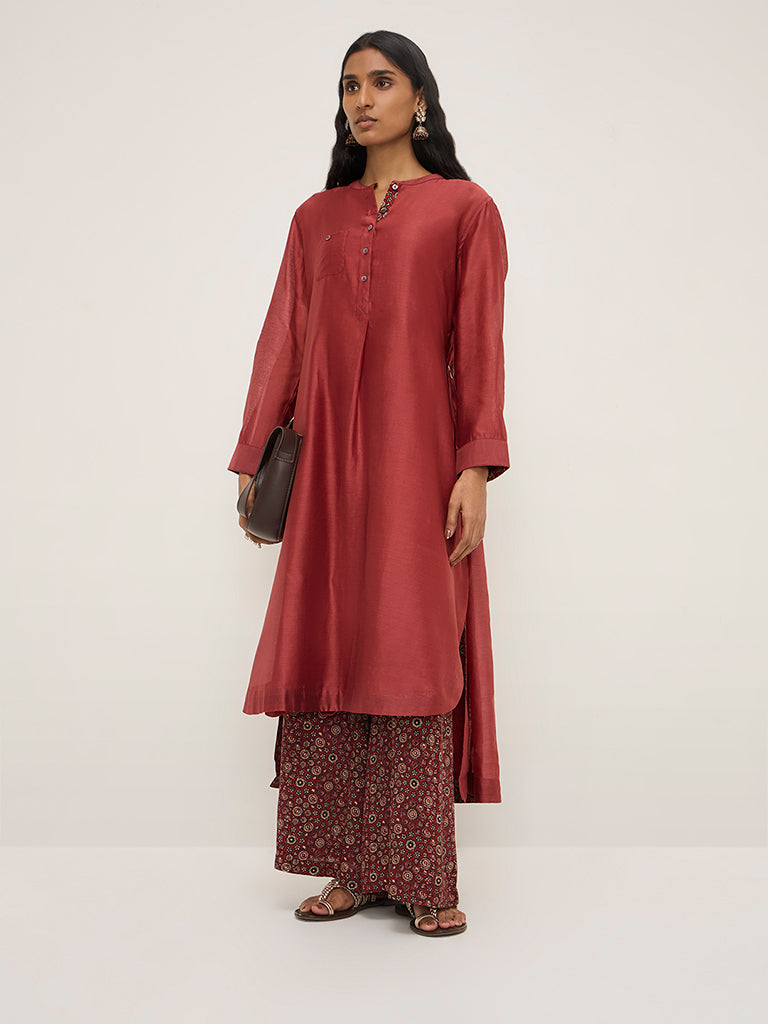 Zuba Maroon Floral High-Low Cotton-Blend Kurta with Inner