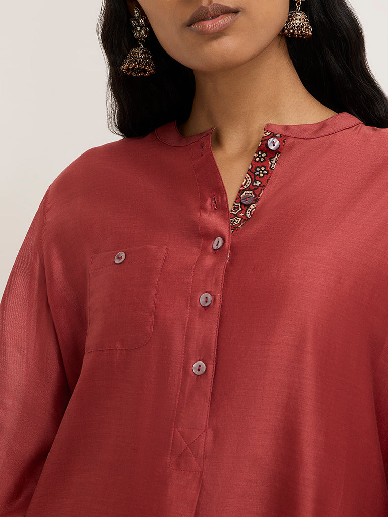 Zuba Maroon Floral High-Low Cotton-Blend Kurta with Inner