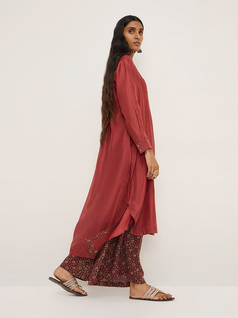 Zuba Maroon Floral High-Low Cotton-Blend Kurta with Inner