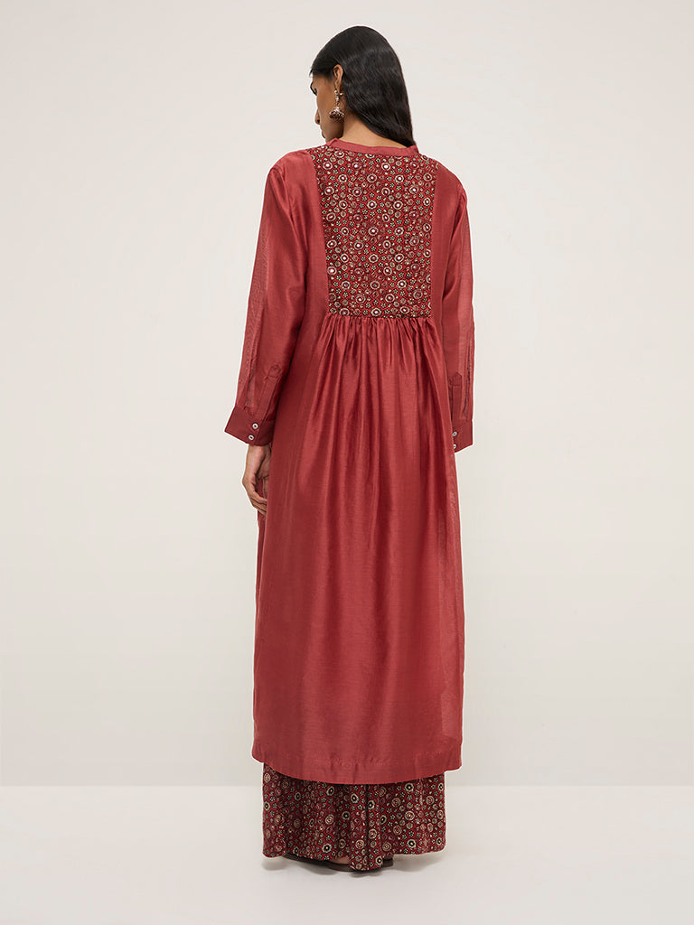 Zuba Maroon Floral High-Low Cotton-Blend Kurta with Inner