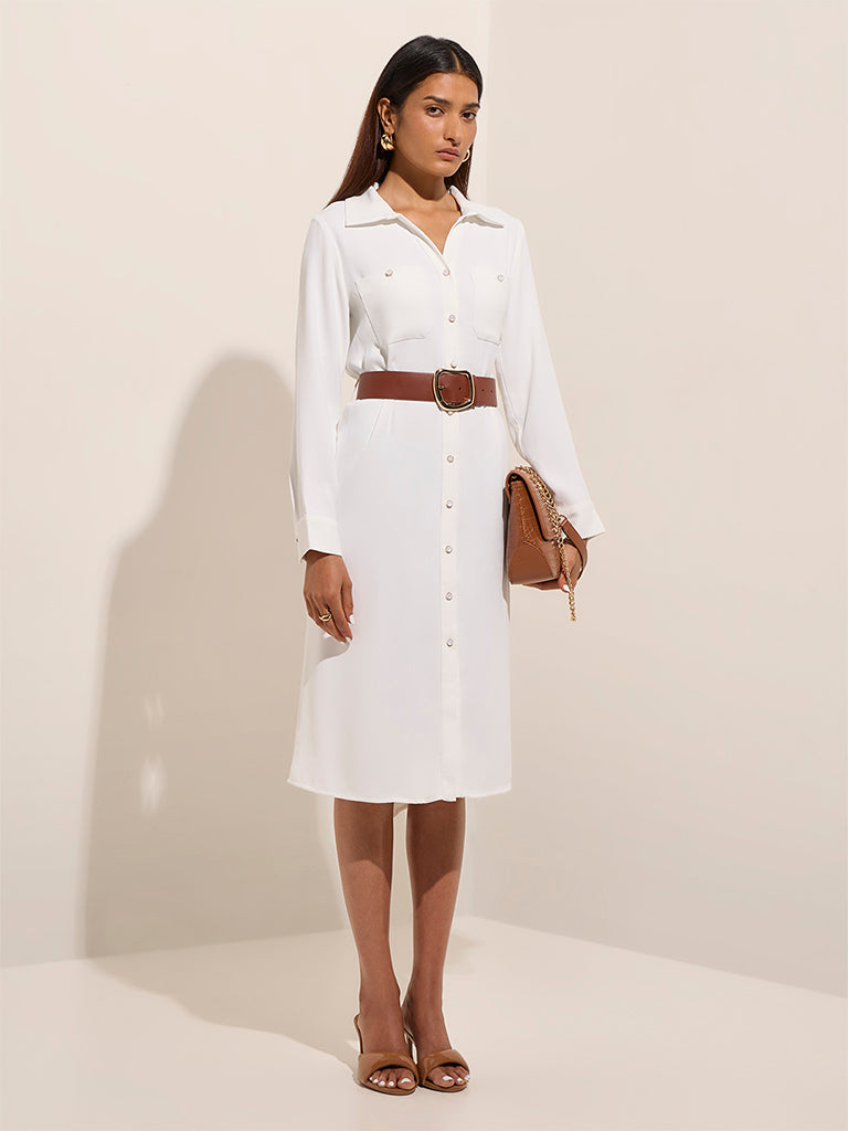 Westside Wardrobe Women's White Shirt Dress with Belt for Work Wear Work Wear Full View