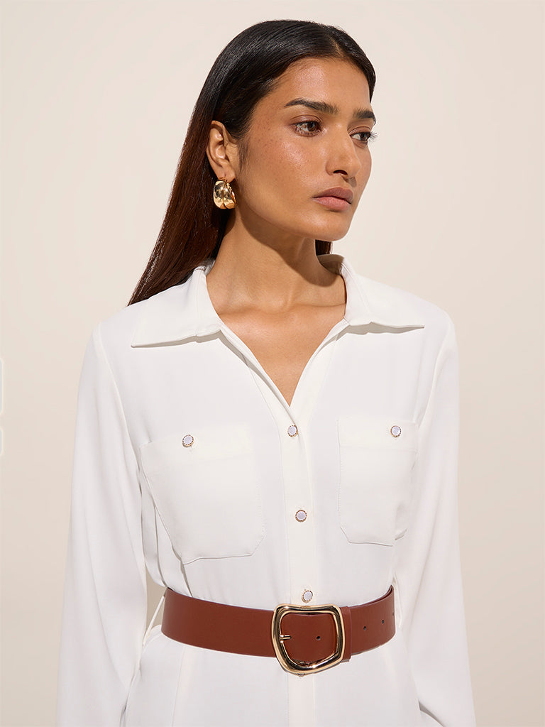 Westside Wardrobe Women's White Shirt Dress with Belt for Work Wear Work Wear Zoomed View