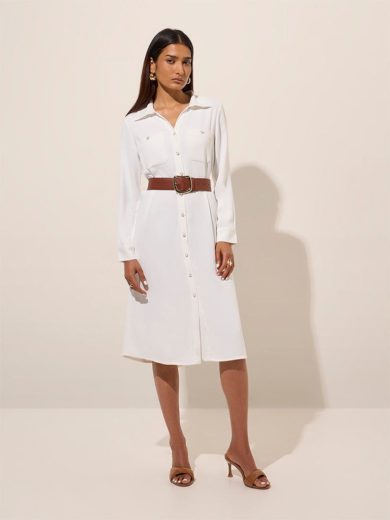 Westside Wardrobe Women's White Shirt Dress with Belt for Work Wear Work Wear Front View