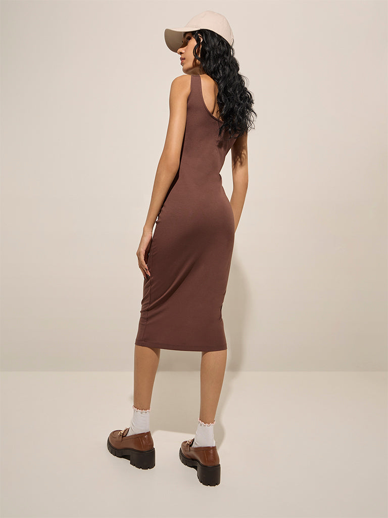 Westside Nuon Women's Brown Solid Cotton Bodycon Dress for Casual Wear Back View